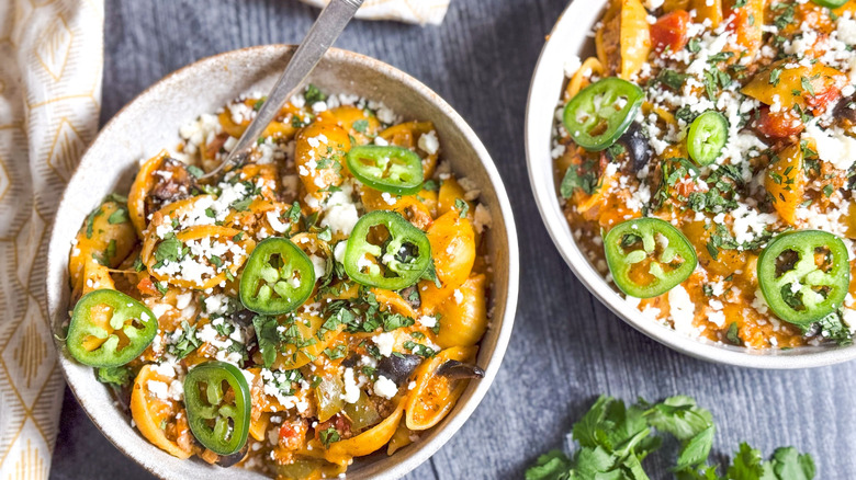 1-pot turkey taco pasta in serving bowls with spoon
