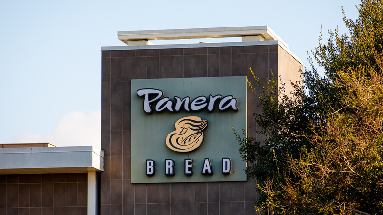 The Panera Bread sign in front of the restaurant