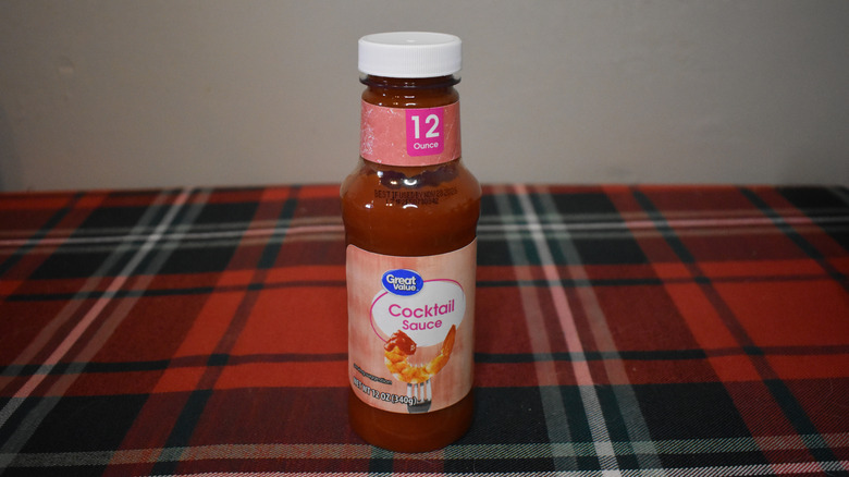 Great Value cocktail sauce bottle with pink label