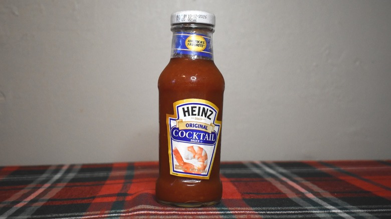 Heinz cocktail sauce bottle with blue and white label