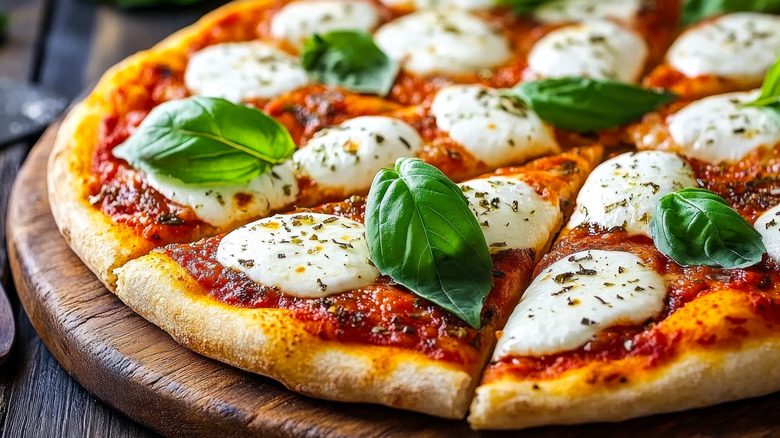 A pizza with mozzarella and fresh basil