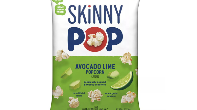 A bag of SkinnyPop avocado lime flavored popcorn