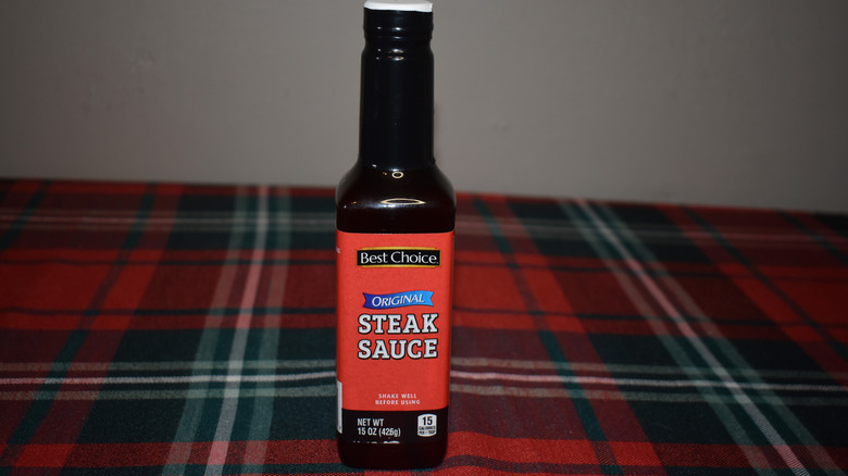 dark bottle with red Best Choice Original Steak Sauce label