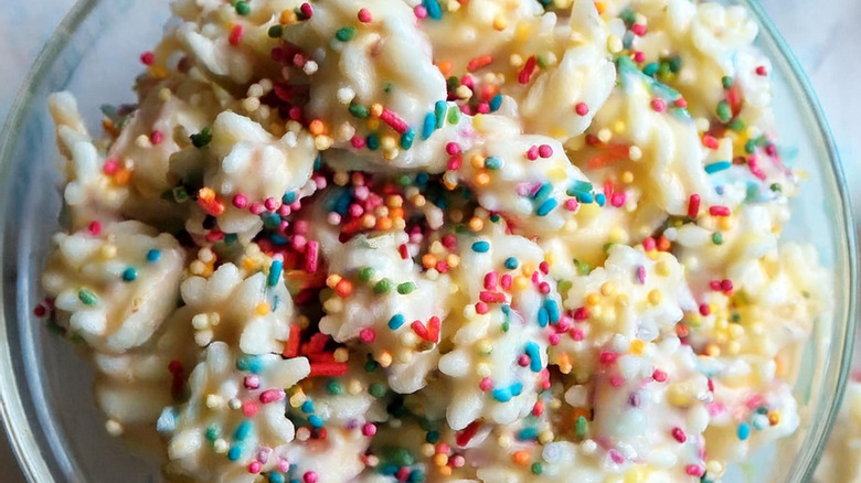 A bowl of birthday cake flavored popcorn