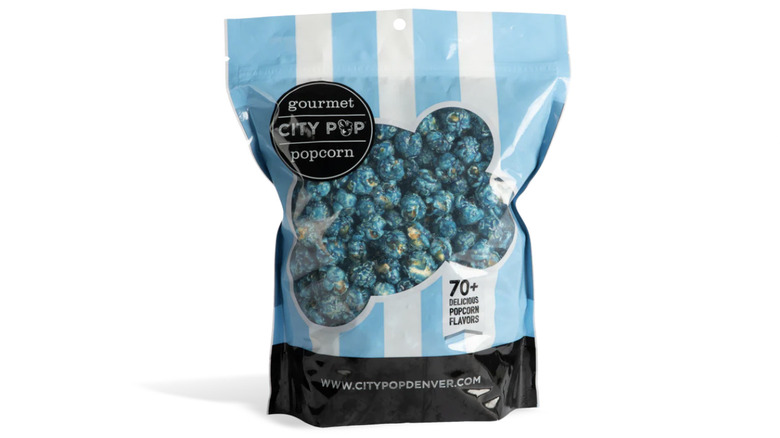 A bag of blueberry flavored Gourmet City Pop Popcorn