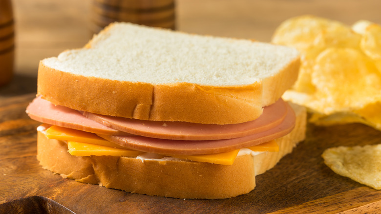 Bologna and cheese sandwich with chips
