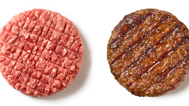 Raw and grilled burger patties on a white background