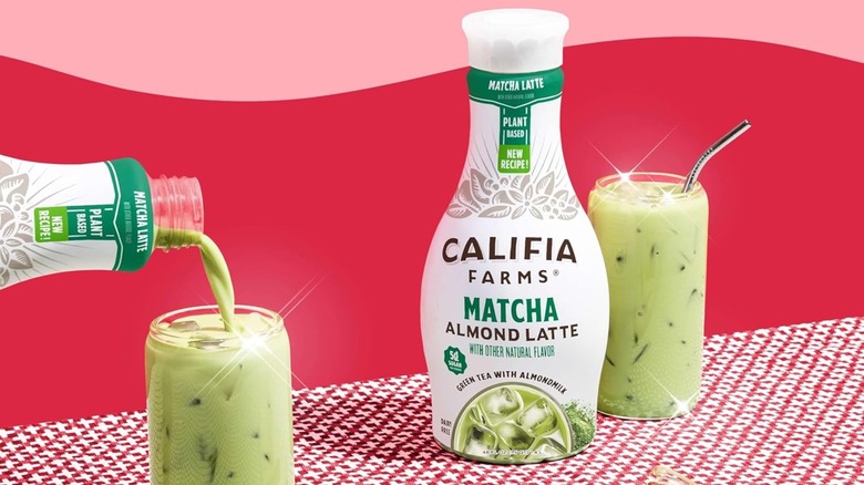 Bottles and classes of Califia Farms Matcha Almond Milk Latte