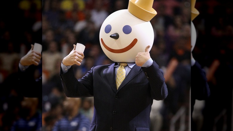 The Jack in the Box mascot at a basketball game