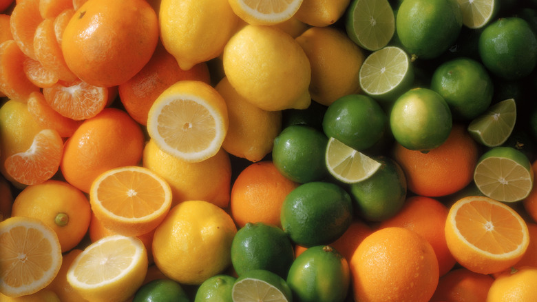 Oranges, lemons, and limes, some cut in half