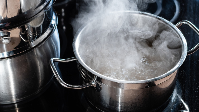 A stainless steel pot of boiling water