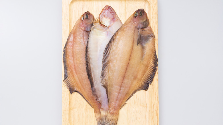 Close up and top angle view of three raw half-dried flounders on wooden tray and white floor,