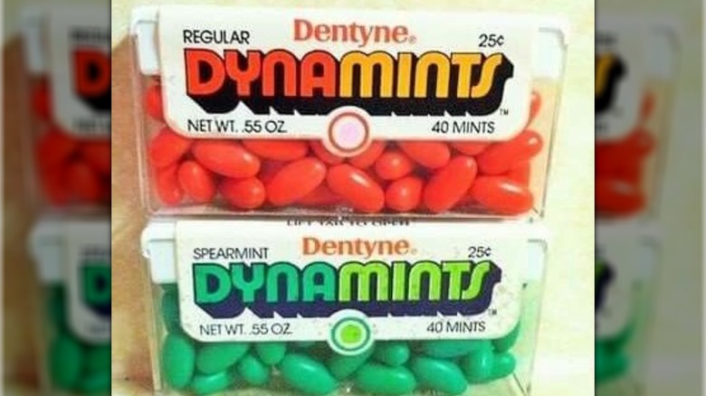 Two boxes of Dynamints in a stack, one "regular" red and the other spearmint green
