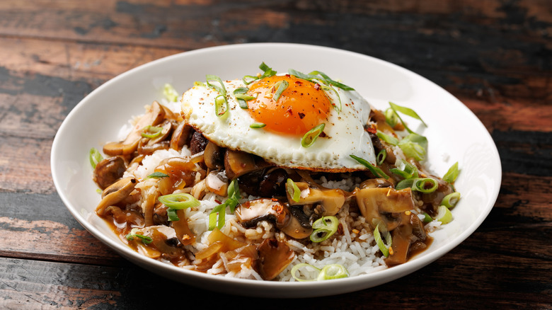 A loco moco dish in a bowl