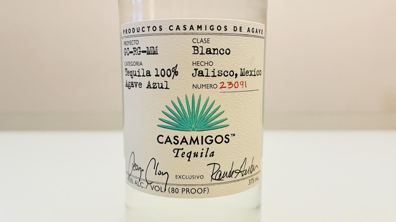 Close-up of Casamigos blanco tequila label