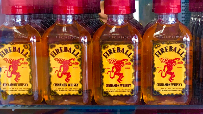 A row of Fireball mini bottles