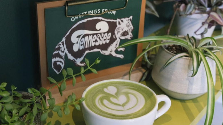 Flora + Fauna's decor with a matcha latte