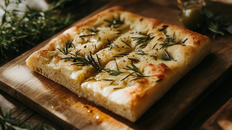 Focaccia bread on wooden board