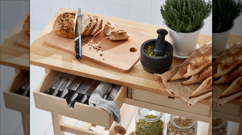 Kitchen cart with food on top