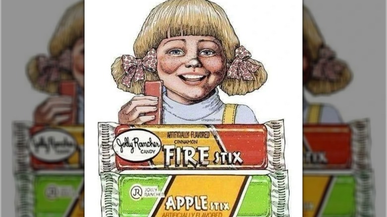 Graphic from 1970s Jolly Rancher ad showing drawn blonde girl holding candy behind two drawings of Jolly Rancher Apple and Fire Stix
