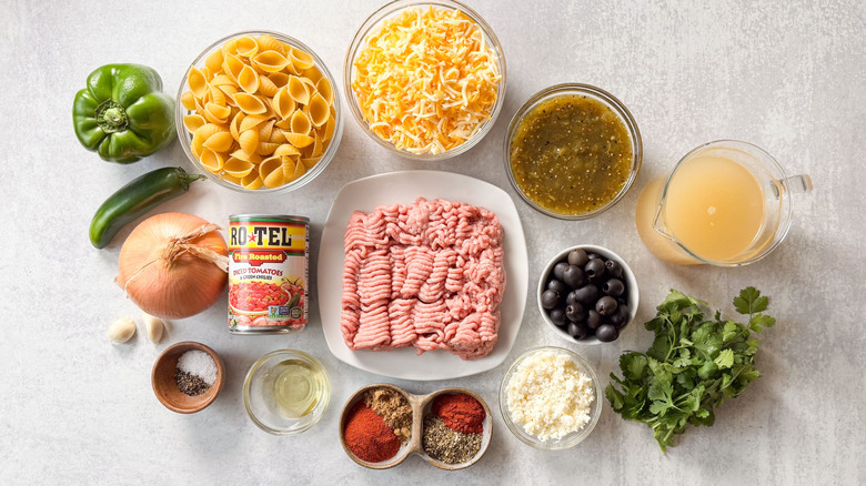 1-pot turkey taco pasta ingredients on countertop