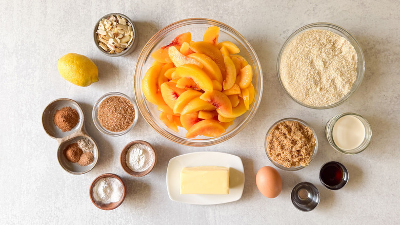 Gluten-free peach cobbler ingredieints on countertop