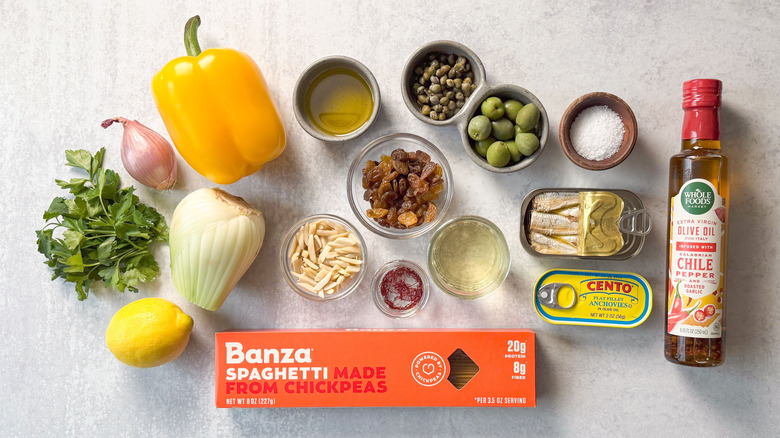 High-protein pasta con le sarde (with sardines) ingredients on coutertop