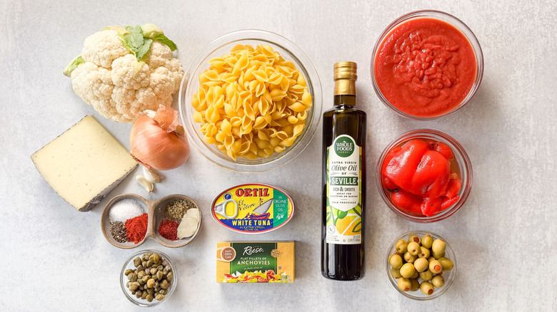 Spanish romesco-y tuna casserole ingredients on countertop