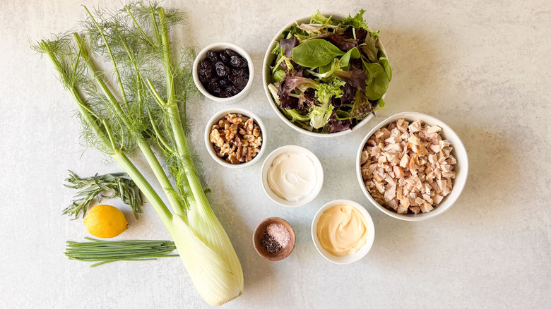Triple anise chicken salad ingredients on countertop