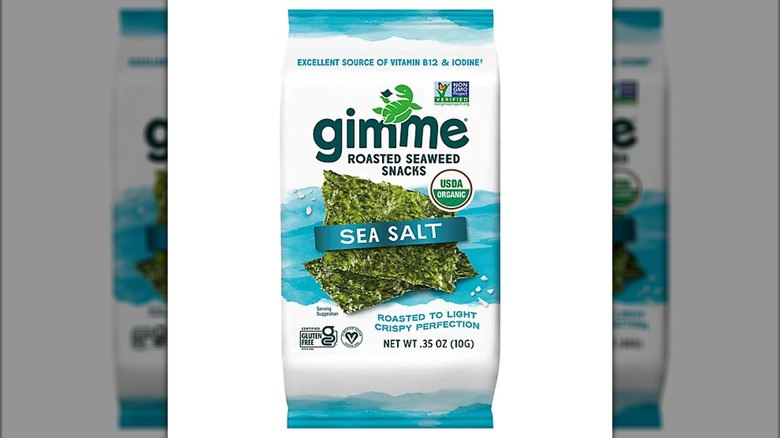 A package of Gimme roasted seaweed snacks on a white background