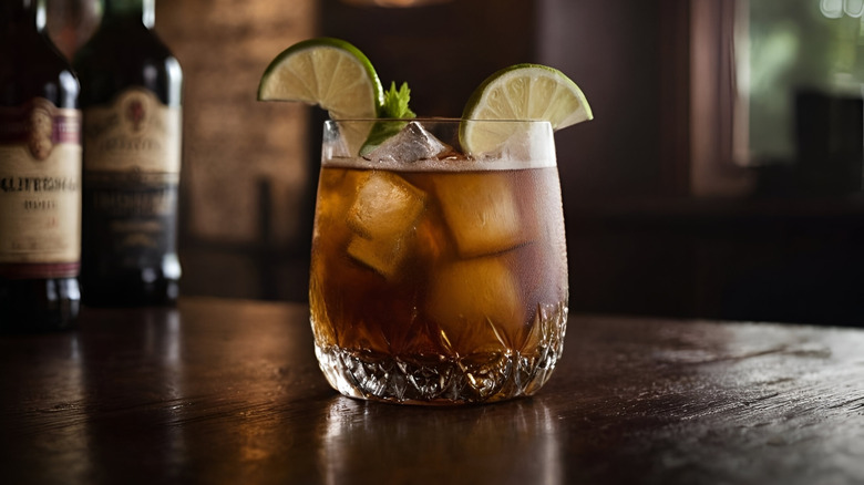 a close up of a dark and stormy cocktail garnished with two limes