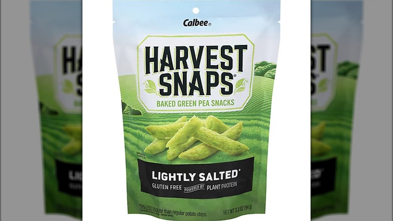A bag of Harvest Snaps baked green pea snacks