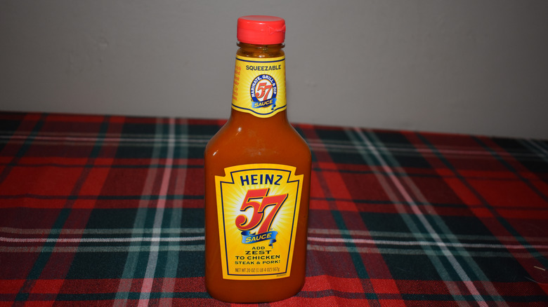 red sauce in bottle with yellow label