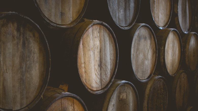 Wine barrels stacked in rows