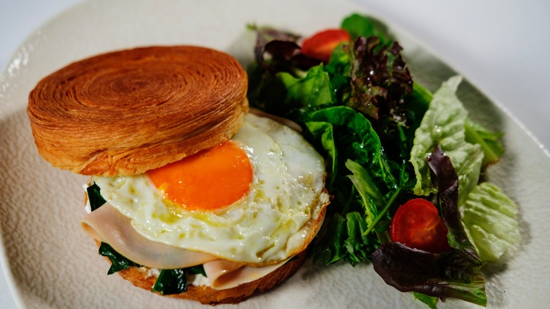 A scrambled egg sandwich on a plate