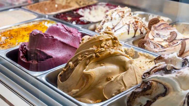 Bins of ice cream in an ice cream shop