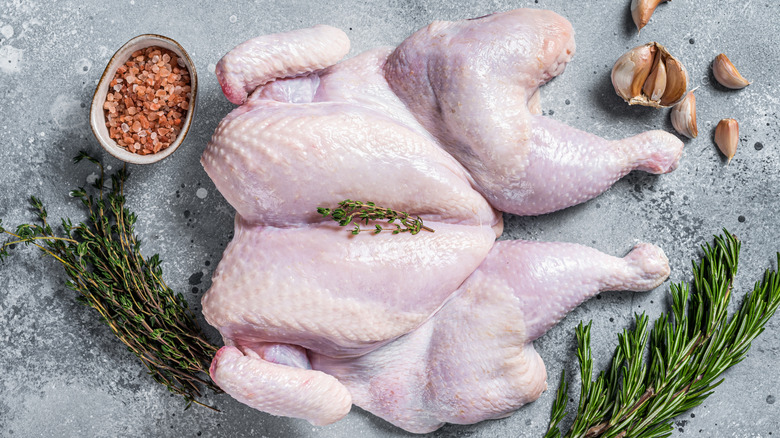 Raw spatchcocked turkey surrounded by garlic, herbs, and pink sea salt
