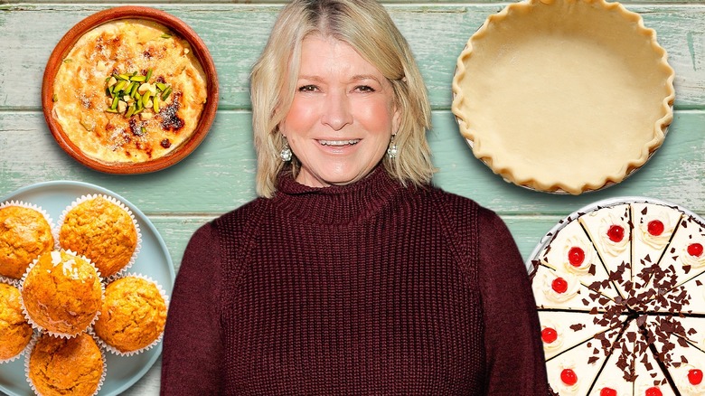 Close-up of Martha Stewart smiling with desserts on blue background