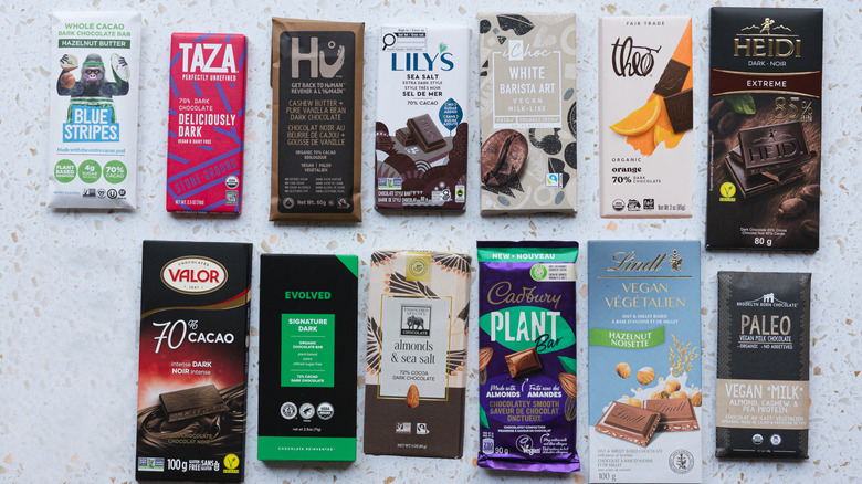 13 chocolate bars on terrazzo tile counter
