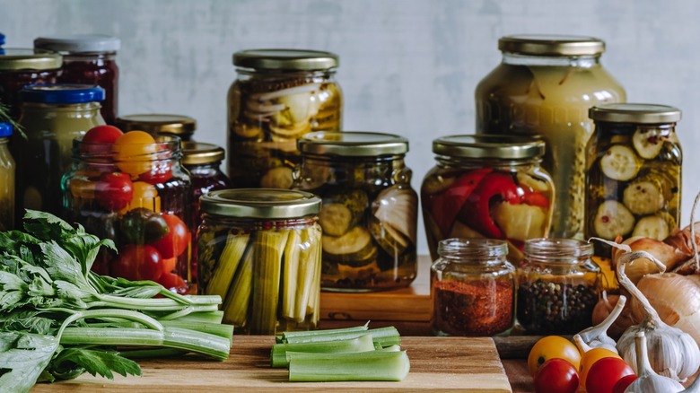 Jars of various pickled vegetables