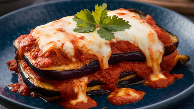 A plate of grilled eggplant Parmesan