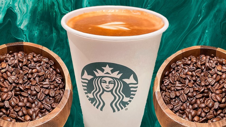 Starbucks cortado and coffee beans