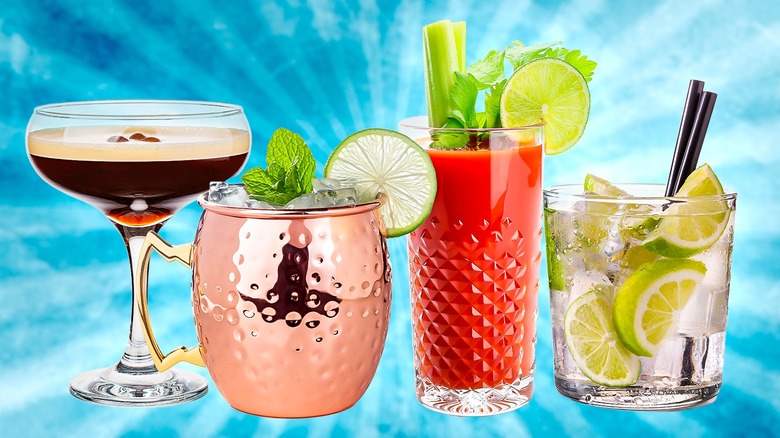 Variety of vodka cocktails on blue background