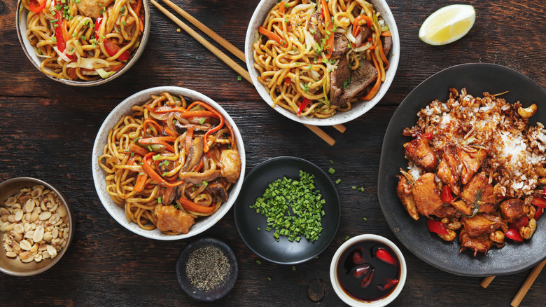 Bowls of noodle-based stir fry dishes
