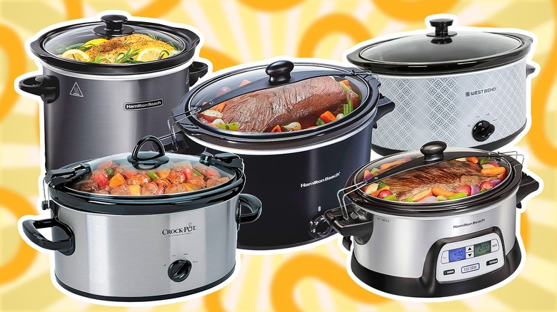 Variety of slow cookers on gold background