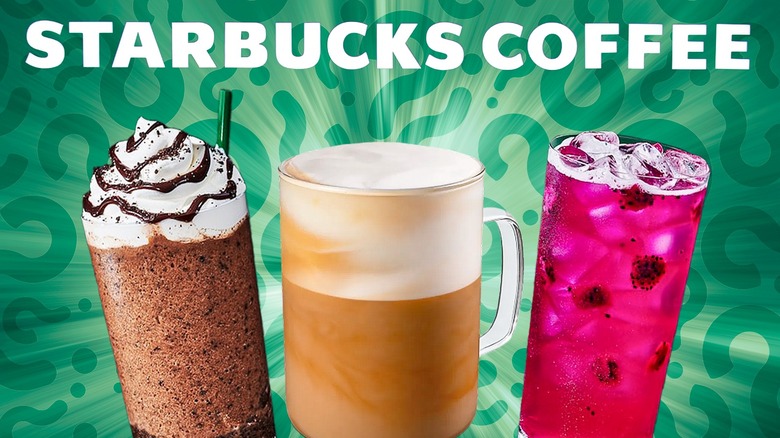 Three Starbucks drinks are on a green background.