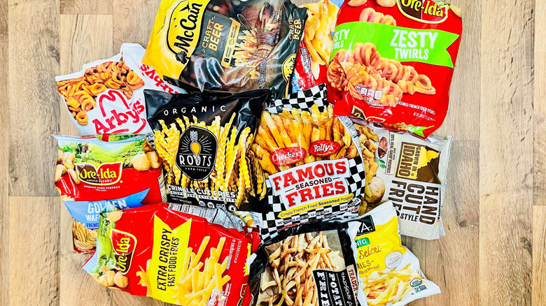 Bags of assorted frozen french fries