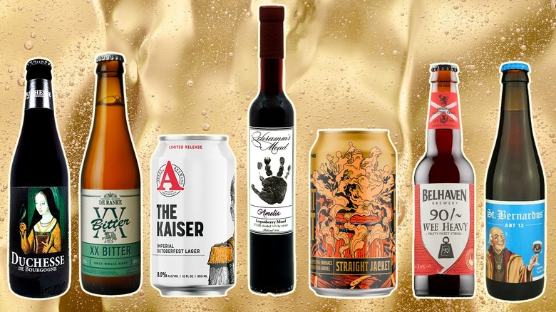 Seven different types of beer are displayed in a line.