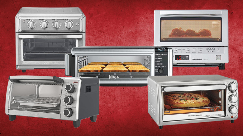 A variety of toaster ovens against a red background