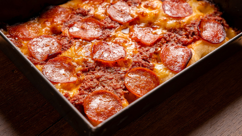 Detroit-style pizza in a pan
